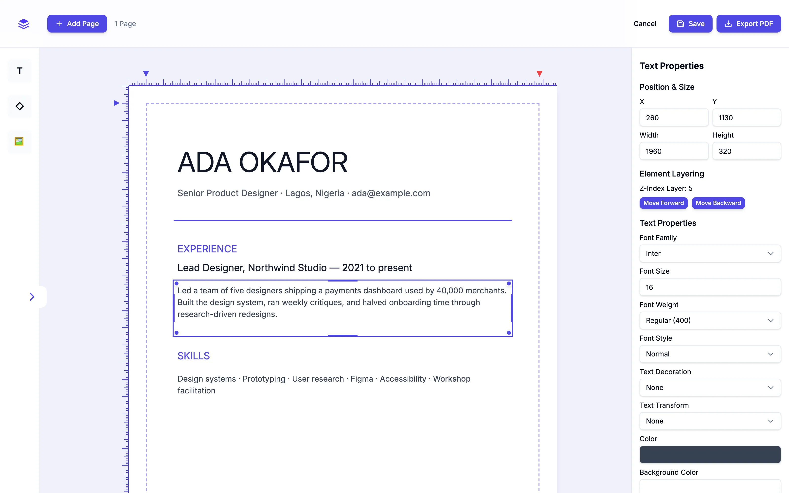 The Lienzo editor with a résumé on the canvas: rulers, a selected text block with resize handles, and the text properties panel on the right.